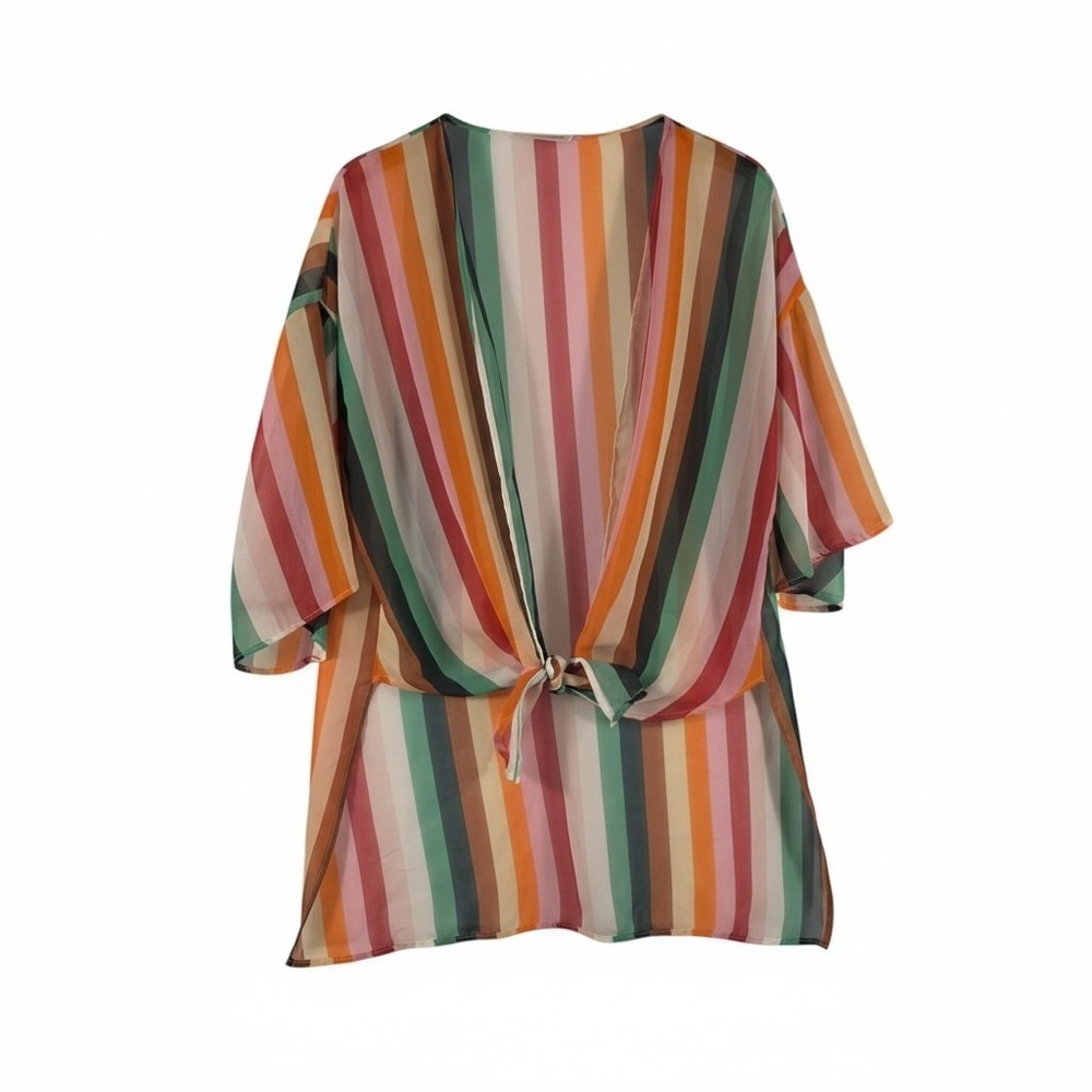 Newbury Kustom Front Tie Kimono Blouse Women Small Multicolor Striped Chiffon